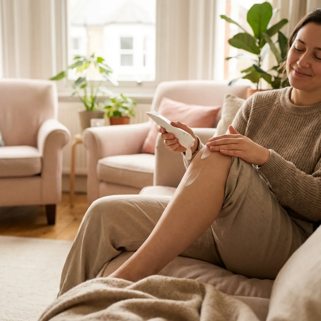 Aplicación de crema para dolor articular en rodilla - crema con Veneno de Abejas
