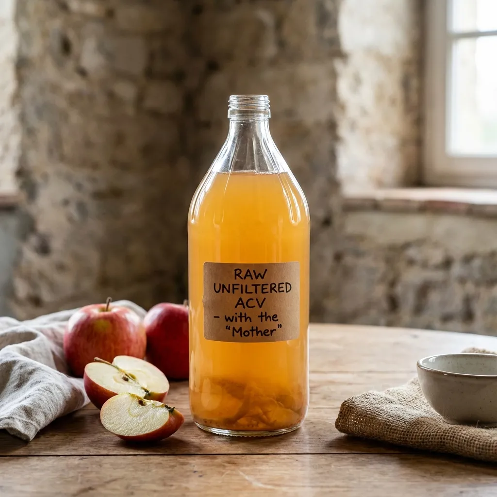 Botella de vinagre de manzana orgánico con madre sedimento natural - gominolas de vinagre de manzana
