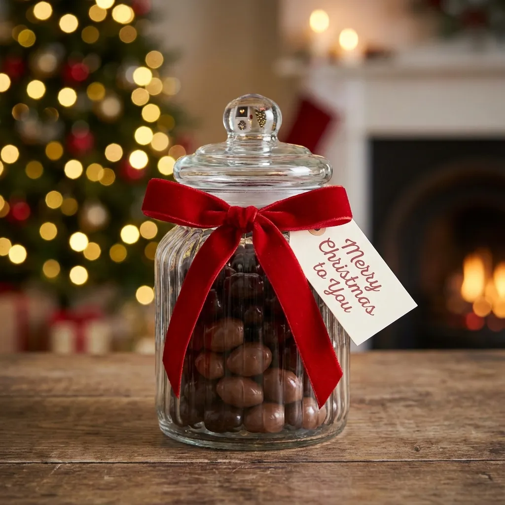 Frasco de vidrio con chocolates con almendras regalo saludable