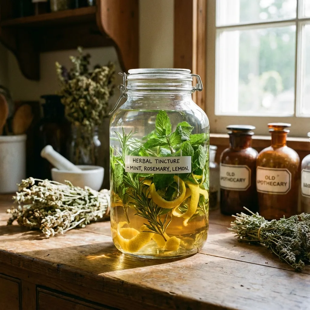 Frasco de vidrio con hierbas macerando en orujo blanco - orujo de hierbas