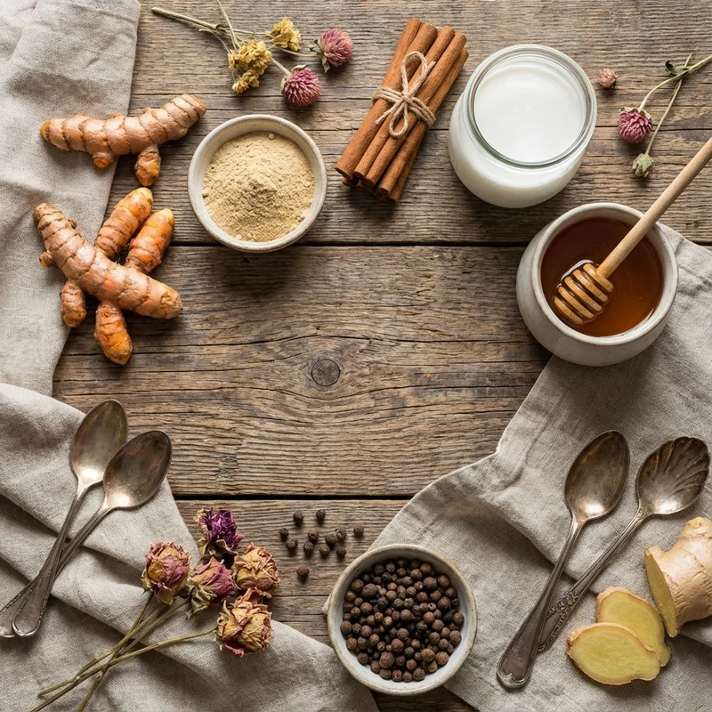 Ingredientes para golden milk: shatavari, cúrcuma, canela