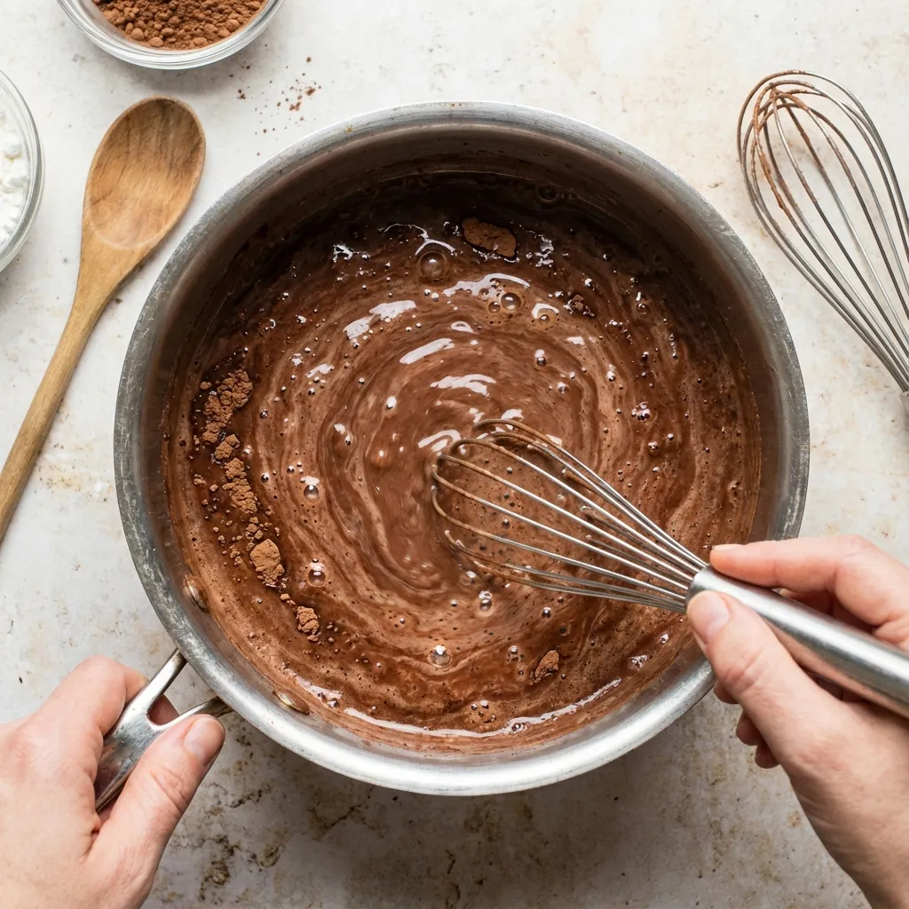 Mezclando ingredientes para pudding de chocolate saludable - fécula de maíz