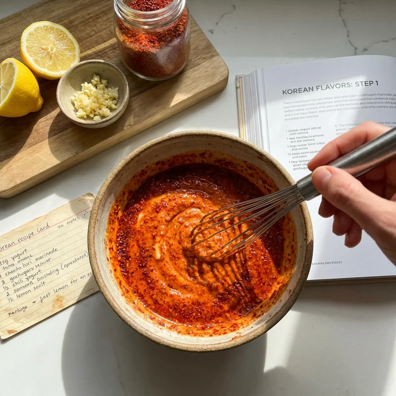 Mezclando marinada de yogur y gochugaru