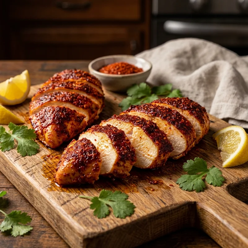 Pechuga de pollo al horno jugosa con costra roja de gochugaru y limón
