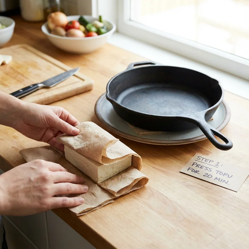 Prensado del tofu con papel absorbente para quitar humedad - gochugaru