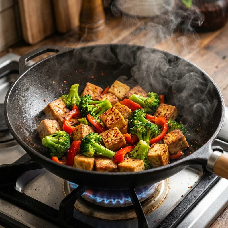 Tofu salteado crujiente con gochugaru y vegetales frescos plato saludable